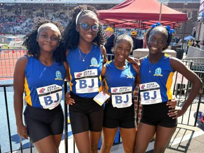 From left: Penwood High School’s 4x100-metre quartet Rebecca Nugent, Shakeya Reid, Shaera Thorpe, and Natalia Moore inside the Franklin Field stadium in Pennsylvania.