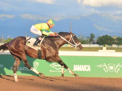 LEGACY ISLE, ridden by Raddesh Roman, wins the Chris Harmond Memorial Sprint Trophy over five-and-a-half furlongs at Caymanas Park yesterday.