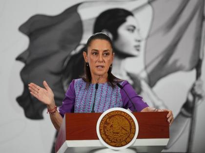 President Claudia Sheinbaum gives her daily morning press conference at the National Palace in Mexico City, Thursday, April 30, 2026. (AP Photo/Fernando Llano)