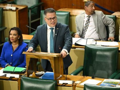 Minister of Water, Environment and Climate Change, Matthew Samuda, highlights a point during his contribution to the 2026/27 Sectoral Debate in the House of Representatives on Tuesday, April 28.