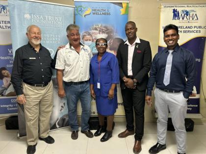 Left to right: Paul Issa, owner of Couples Resorts; Eric Clarke, chairman of the Western Regional Health Authority; Hazelyn Forrester, director of nursing services; Roan Grant, chief executive officer of Savanna-la-Mar Public General Hospital; and Dr Suman