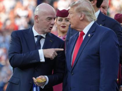 FIFA President Gianni Infantino (left) and President Donald Trump talk as they wait to congratulate the Spanish players after the World Cup final between Spain and Argentina in East Rutherford, New Jersey on Sunday, July 19, 2026. 