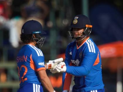 India’s batsman Vaibhav Sooryavanshi (right) celebrates reaching a half century with his teammate Ishan Kishan during the first T20 cricket match against Zimbabwe in Harare, Zimbabwe, yesterday.