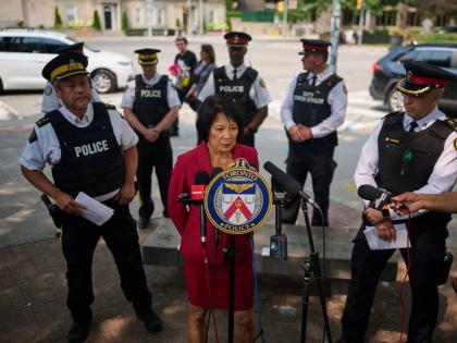 Toronto Mayor Olivia Chow speaks to media after a shot was fired at the U.S. Consulate in Toronto, on Monday, July 27, 2026. (Sammy Kogan/The Canadian Press via AP)