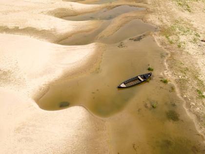 Usually submerged areas of the Danube River are exposed amid a drought in Rasova, Romania, Monday.