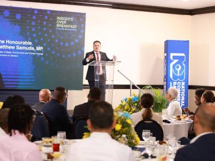Matthew Samuda, minister of water, environment and climate change, delivers the keynote address at National Commercial Bank Jamaica Limited’s inaugural Corporate Insights Breakfast. 