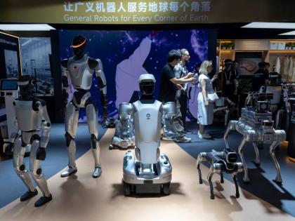 A variety of robots are displayed at the World AI Conference in Shanghai on July 17.