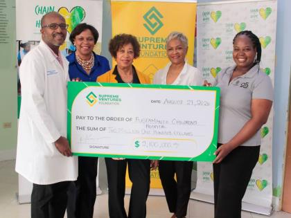 From left: Dr Sherard Little, thoracic and cardiovascular surgeon; Nola Phillpotts Brown, general manager; Diane Edwards, board chair; and Karen Daley, programme coordinator, all of Chain of Hope Jamaica, accept a cheque for $2.1 million from Chloleen Dale