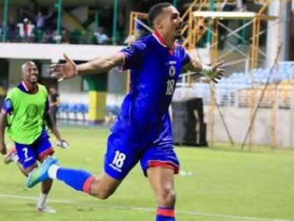 Haiti’s Wilson Isidor celebrates after scoring the winner against Trinidad and Tobago in their Nations League encounter at Sabina Park on Thursday night.