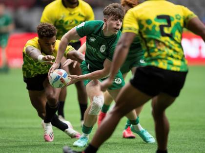
Ireland’s Sean Kearns passes the ball during an HSBC Canada Sevens rugby game against Jamaica in Vancouver, British Columbia, Saturday, September 18, 2021.
