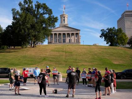 People gather at a March 4 Mercy protest against the death penalty at the Tennessee State Capitol in Nashville on September 27, 2026, ahead of the scheduled execution of Christa Pike.