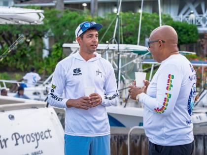 Chris Berry (right) of Mayberry Investments  sharing a moment with Ken McNab, Governor of the Bay Islands (Honduras) at the Superstars of Port Antonio Blue Marlin Tournament yesterday.