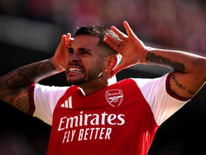 
Arsenal’s Bruno Guimaraes celebrates scoring his side’s second goal during the English Premier League football match against Leeds United in London yesterday.