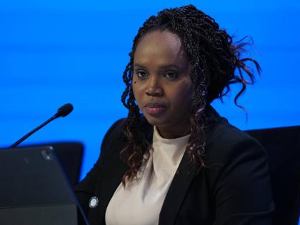 Guinea Finance Minister Mariama Sylla speaks at the African Finance Ministers’ news conference during the annual meetings of the International Monetary Fund and the World Bank Group in Bangkok, Thailand, on Thursday, October 15. AP 