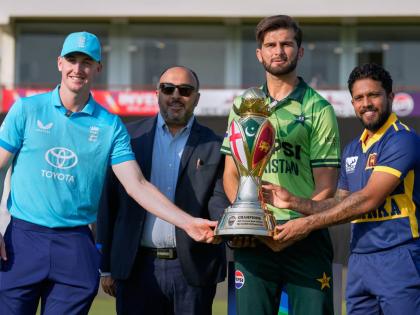 England’s captain Harry Brook (left), Pakistan’s captain Shaheen Shah Afridi (second right) Sri Lanka’s captain Kusal Mendis (right) and a representative of main sponsor pose for a photograph ahead of a tri-nation One-Day International series in Rawa
