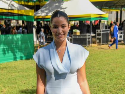 Out to support her father, Transport Minister Daryl Vaz, on his appointment to the Order of Jamaica, Victoria Vaz opts for a subtle shade of blue in an Aritzia find.