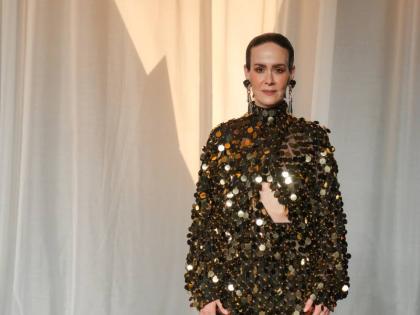 Sarah Paulson, styled by Karla Welch, wears a three-piece silk-chiffon ensemble from Ferragamo’s Spring/Summer 2027 collection, featuring gold embroidery, crystal drops and antique gold sequins. 