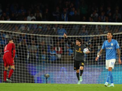 
Roma’s Matías Soulé celebrates after scoring during the Serie A football match against Napoli in Naples, Italy, yesterday.