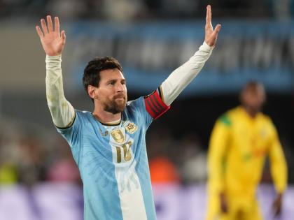 Argentina’s Lionel Messi celebrates after scoring his side’s third goal from the penalty spot during his final match for the national team, a football friendly against Benin, in Buenos Aires, Argentina, Tuesday, October 6.