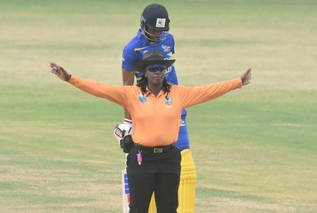 Jamaican umpire Jacqueline Williams signals a wide during a Regional Super50 Cup match. 