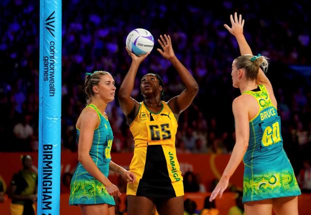 Jamaica’s Jhaniele Fowler (centre) attempts to shoot during the gold medal netball match against Australia at the NEC Arena on day 10 of the 2022 Commonwealth Games in Birmingham, England, on August 7 of that year.