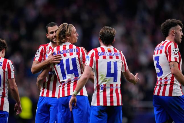 Atlético Madrid’s Marcos Llorente celebrates scoring his side’s third goal during a Champions League opening phase football match against Union Saint-Gilloise in Madrid, Spain last Tuesday.