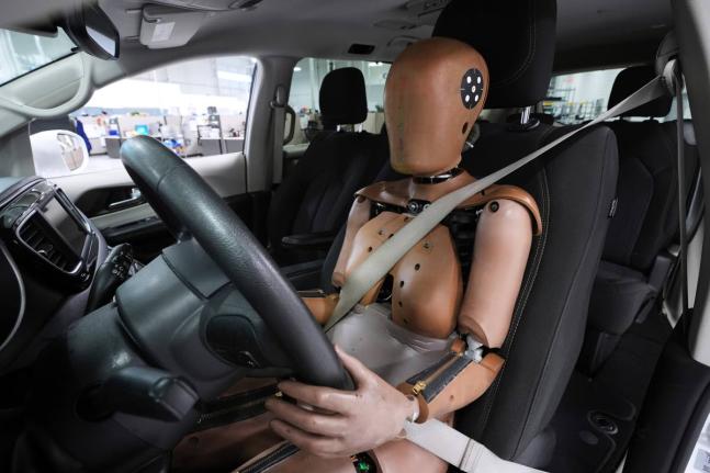 AP
A ‘female’ crash test dummy is shown in a driver’s seat at Humanetics in Farmington Hills, Michigan, USA, June 10, 2025.
