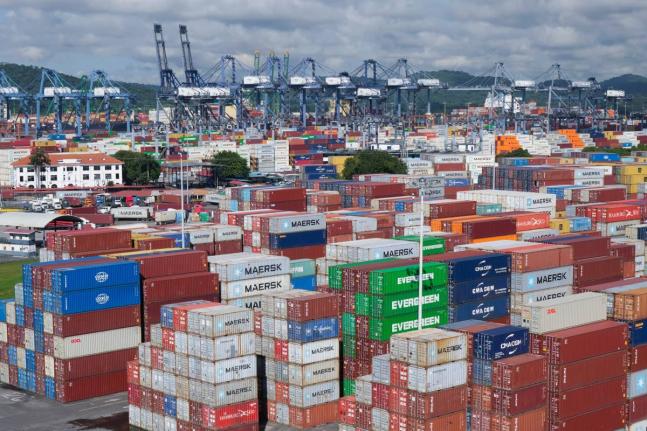Ship containers are stacked at the Panama Canal Balboa port, operated by the Panama Ports Company, in Panama City, September 20, 2025.