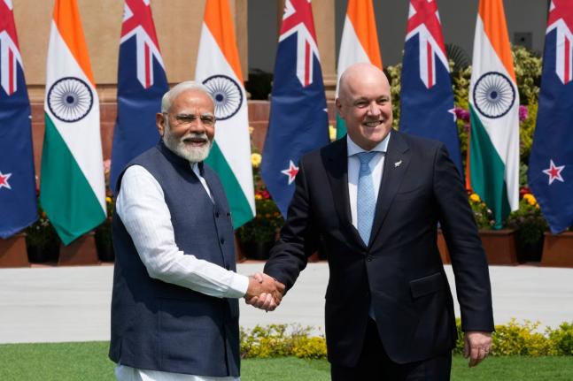 Indian Prime Minister Narendra Modi, left, greets visiting New Zealand Prime Minister Christopher Luxon before their meeting in New Delhi, India, Monday, March 2025. (AP Photo)
