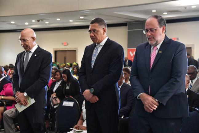 From left: Governor General Sir Patrick Allen, with Prime Minister Dr Andrew Holness, and Opposition Leader Mark Golding.