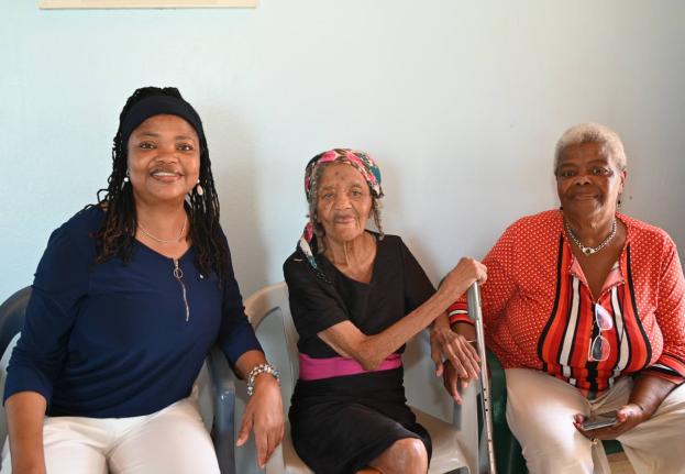 Vera Brown (centre), 105 years old, at home with her daughters Winsome Brown (left) and Joy Lindsay in Cambridge, St James.