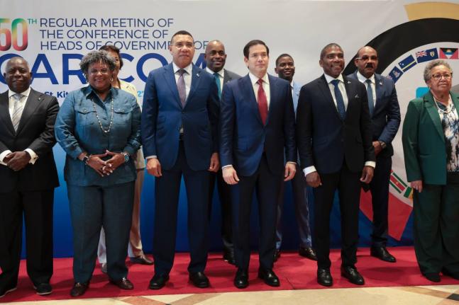 US Secretary of State Marco Rubio,poses for a group photo with other government officials attending the Caribbean Community (CARICOM) meeting in Basseterre, Saint Kitts and Nevis. Also pictured are, Bahamas’ Prime Minister Philip Edward Davis, left, Gren