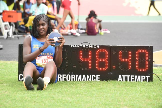 Clarendon College’s Jamelia Young who delivered a record-breaking performance in the girls’ Class Two  discus. Young produced a personal best mark of 48.40 metres to win the event, breaking the old mark of 47.04m set by former Holmwood Technical throwe