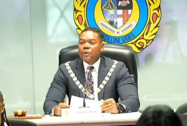 Montego Bay Mayor Richard Vernon addresses the St James Municipal Corporation’s monthly meeting on Thursday, April 9.
