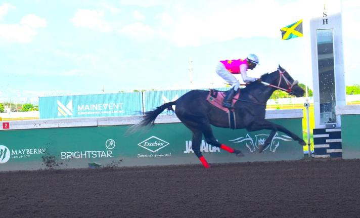 RIDEALLDAY, ridden by Ian Spence, wins the sixth running of the Ian Levy Cup in a track record 1:41:8 seconds at Caymanas Park on April 6.