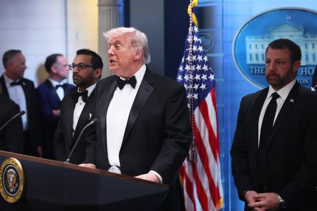 President Donald Trump speaks in the James Brady Press Briefing Room at the White House after an unspecified threat at the annual White House Correspondents' Association Dinner in Washington, Saturday, April 25, 2026. (AP Photo/Tom Brenner)