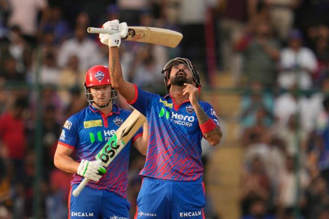 
Delhi Capitals’ KL Rahul (right) celebrates after scoring 150 runs during the Indian Premier League cricket match against Punjab Kings in New Delhi, India, yesterday.