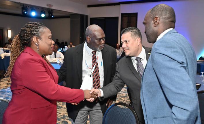 Rosemarie A. Henry (left), principal  officer and VP, risk and compliance, CUNA Caribbean Insurance Jamaica and president, Insurance Association of Jamaica (IAJ), greets Matthew Samuda second right), Minister of Water, Environment and Climate Change, as Ev