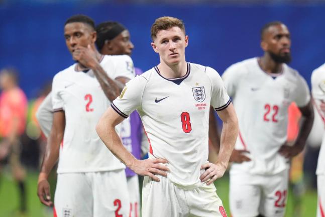 From left: England’s Ezri Konsa, Elliot Anderson, and Ivan Toney paint dejected figures at the end of the World Cup semi-final football match against Argentina in Atlanta, Wednesday, July 15.