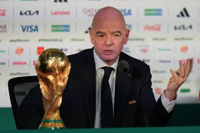 FILE - FIFA President Gianni Infantino speaks during a news conference at the stadium in Mexico City, Wednesday, June 10, 2026, a day before the opening FIFA World Cup match between Mexico and South Africa. (AP Photo/Eduardo Verdugo, File)
