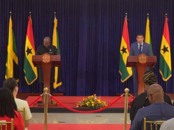Prime Minister Dr Andrew Holness and President of the Republic of Ghana, John Mahama, speaking at a press conference at Jamaica House on August 3, 2026.