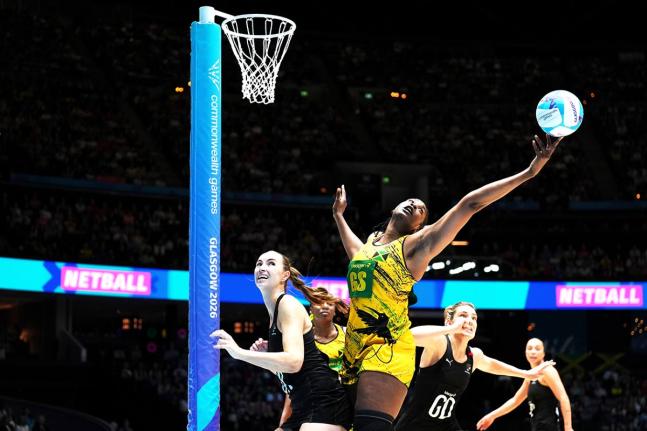 Romelda Aiken of Jamaica in action during the Commonwealth Games gold medal netball match in Glasgow, Scotland, on Sunday.