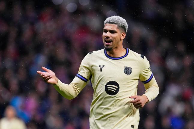 Barcelona’s Ronald Araujo reacts during the Copa del Rey semi-final first leg football match against Atletico Madrid in Madrid, Spain, Thursday, February 12.
