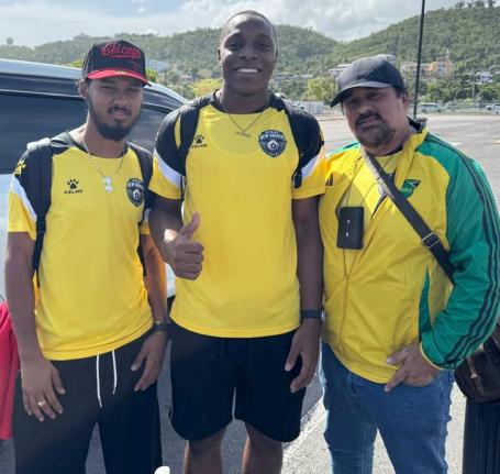 McKay New Raiders’ centre back, Richard Brown (centre) departed the island yesterday, accompanied by club executive Tye McKay (left) and owner Jason McKay, to start a 15-day trial at newly promoted North Macedonian First League team FK Skopje. 