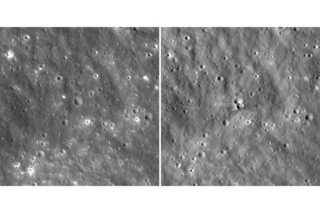 This combo made with photos provided by NASA on Tuesday, taken by the Lunar Reconnaissance Orbiter, shows before (left) and after images of a fresh crater on the moon created by a collision with a SpaceX rocket. 