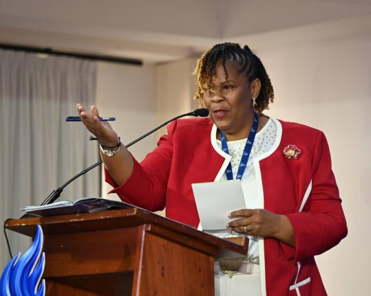 La Sonja Harrison, the newly installed president of the Jamaica Teachers’ Association, addresses the delegates at the third and final day of the association’s 62nd annual conference at the Ocean Coral Spring Hotel in Trelawny on Wednesday, August 19. H