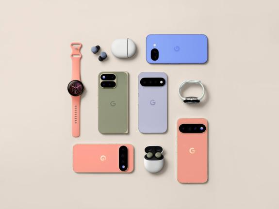This image provided by Google in August 2026 shows its line-up of Pixel 11 phones, the Pixel Watch 5 and earbuds. 