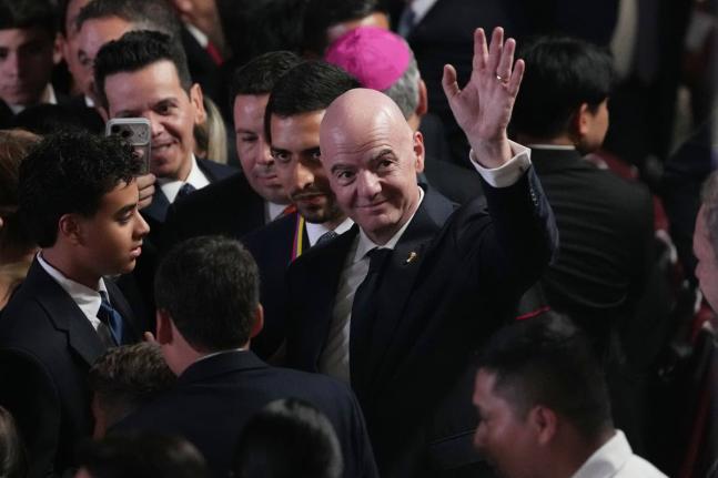 FIFA President Gianni Infantino arrives for the inauguration of President Abelardo de la Espriella in Cali, Colombia, Friday, Aug. 7, 2026. (AP Photo/Matias Delacroix)
