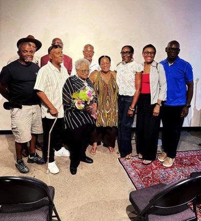 Florence Harrison (centre) with former students at the launch of a tribute book in her honour at the Blackhurst Cultural Centre in Toronto, Canada.