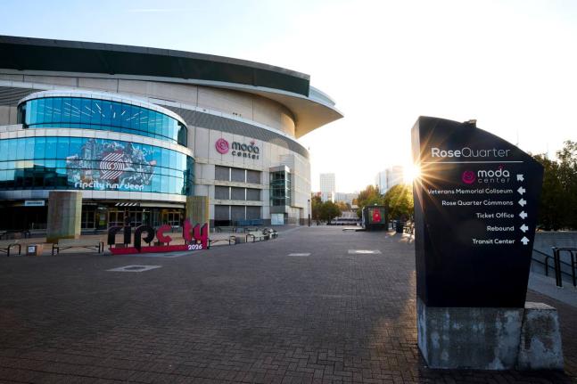 
The Moda Center, home of the Portland Trail Blazers, is seen before the NBA basketball team’s media day in Portland, Oregon on Monday, September 28.